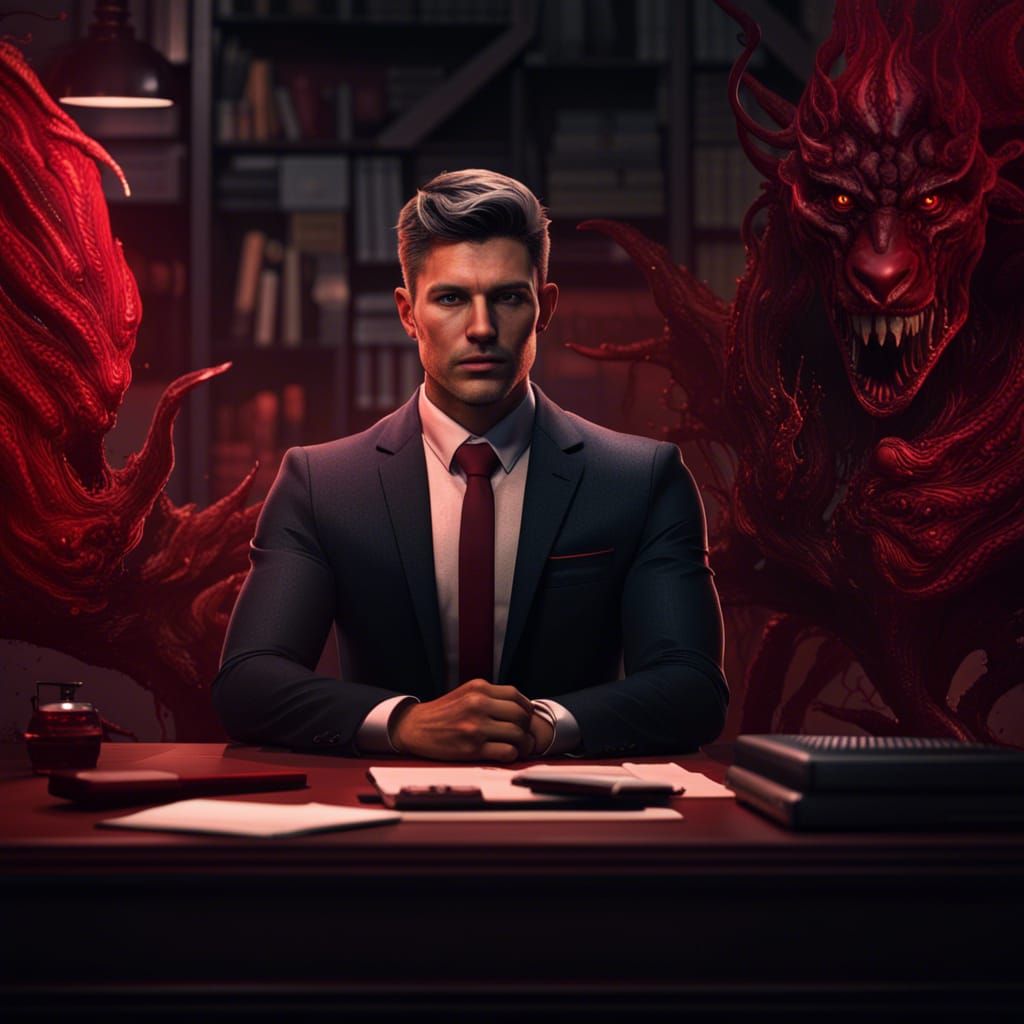 Predatory Young Businessman in Red Tint, Matte Painting
