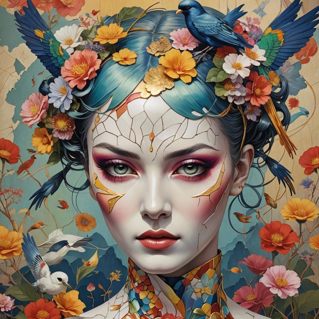 Phantom Woman with Rainbow Hair in Kintsugi Style