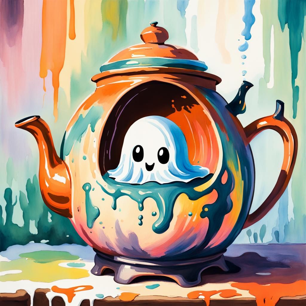 Kawaii Ghost in Teapot: Gouache Watercolor Masterpiece