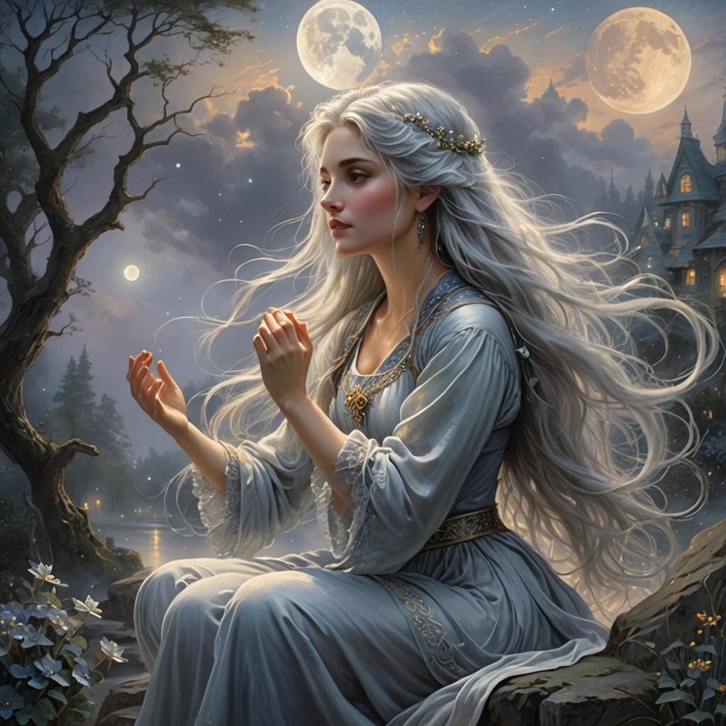 Girl Holds the Moon in Ethereal Fantasy Scene