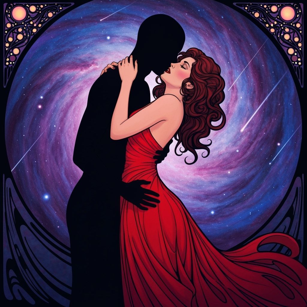 Passionate Woman in Red Dress in Nebula