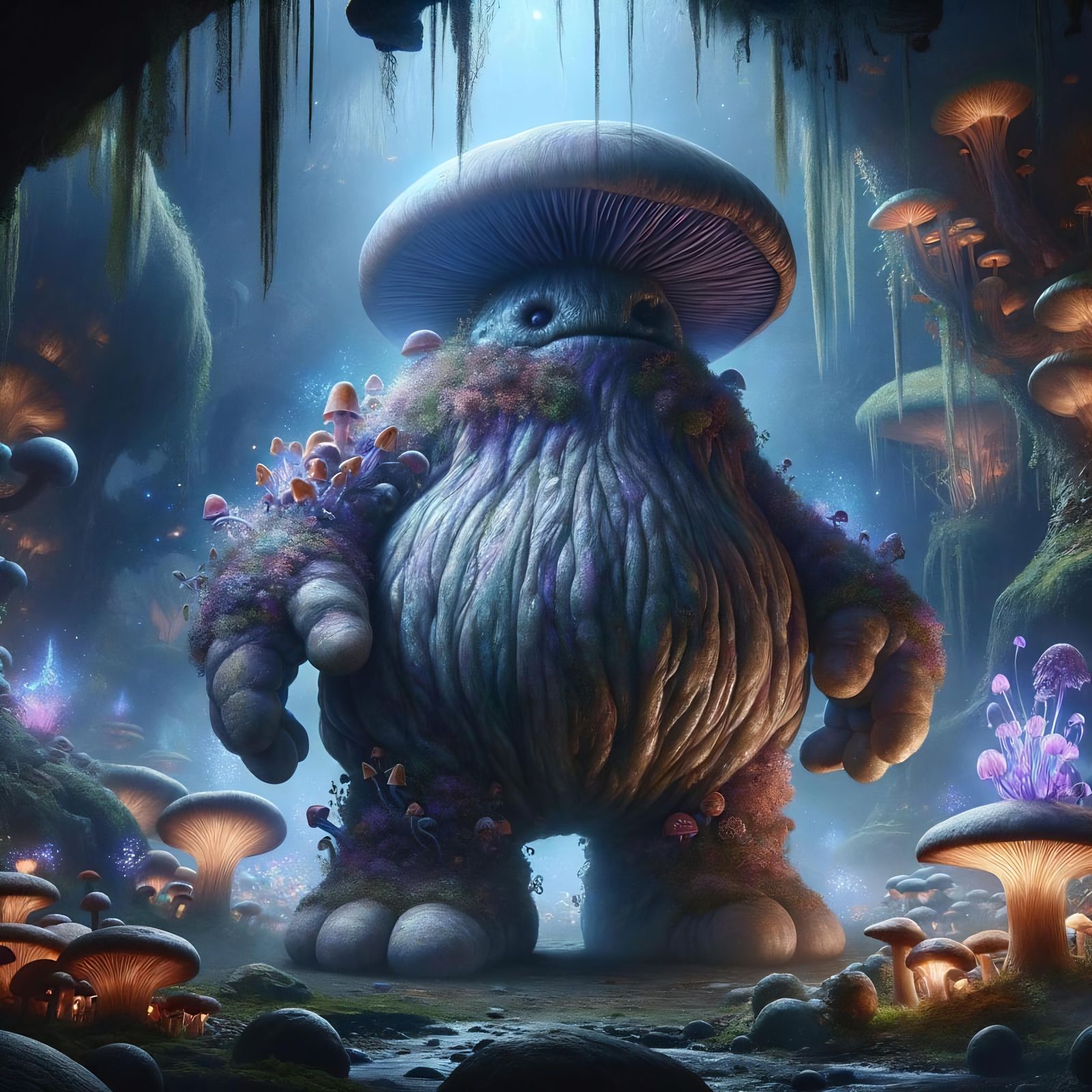 Mystical Toadstool Creature in Glowing Fungal Garden