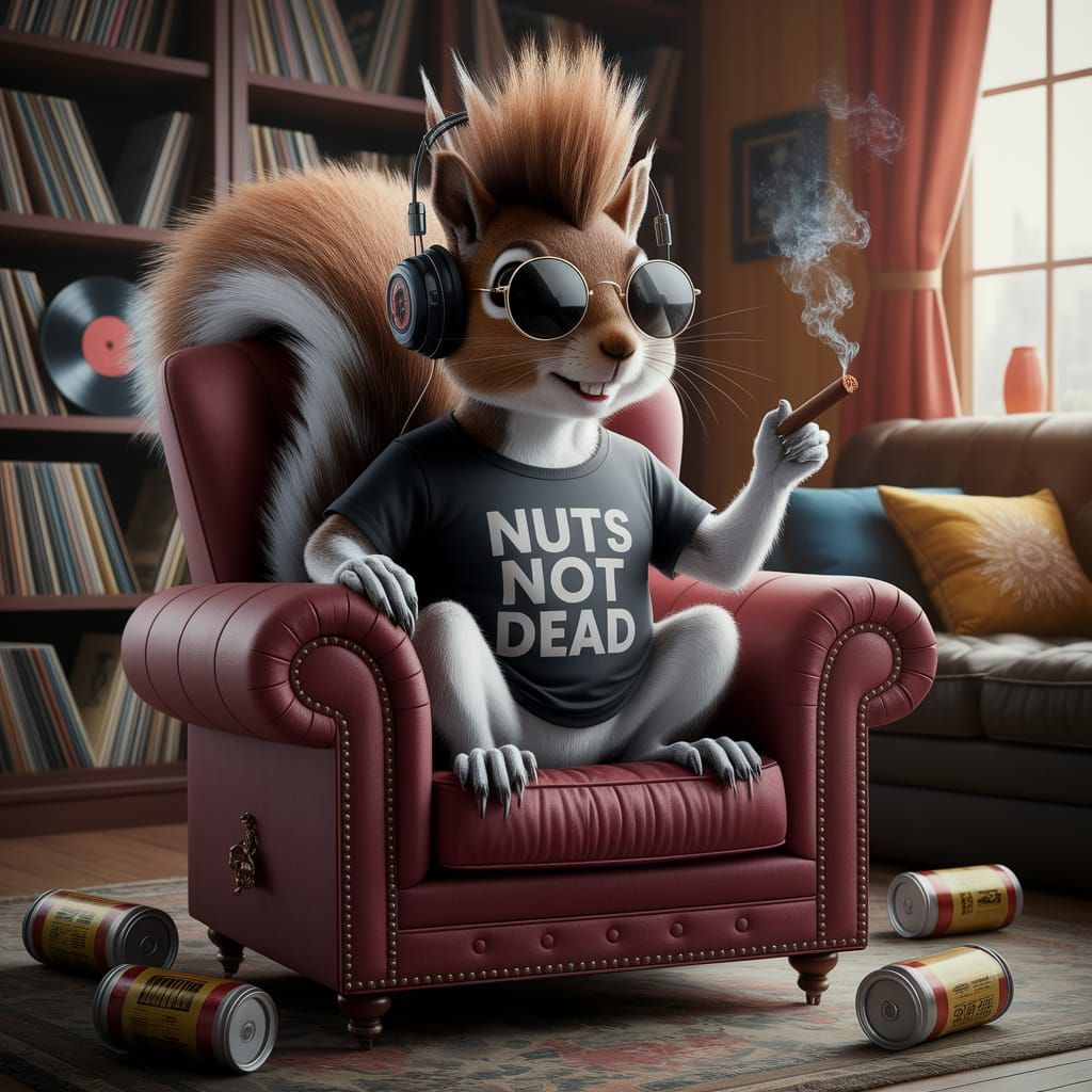 Punk Squirrel Listening to Music in Cozy Living Room