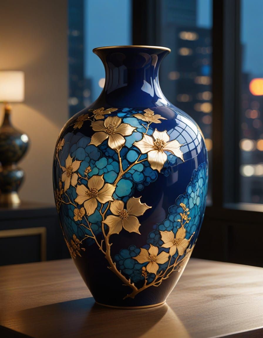 Japanese Cityscape-Inspired Vase with Kintsugi Accents in Bl...