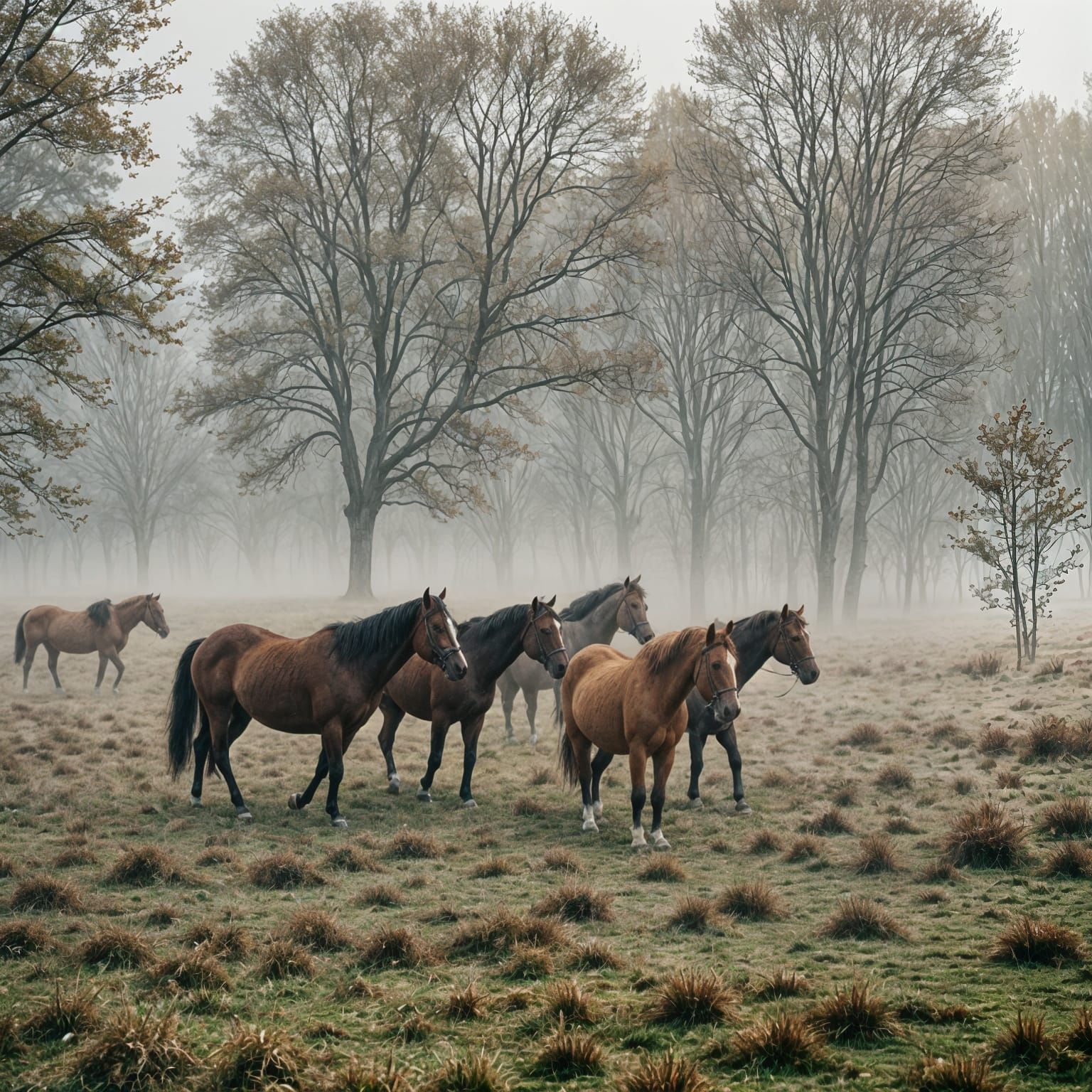 Horses in Foggy Meadow: Cinematic Film Still