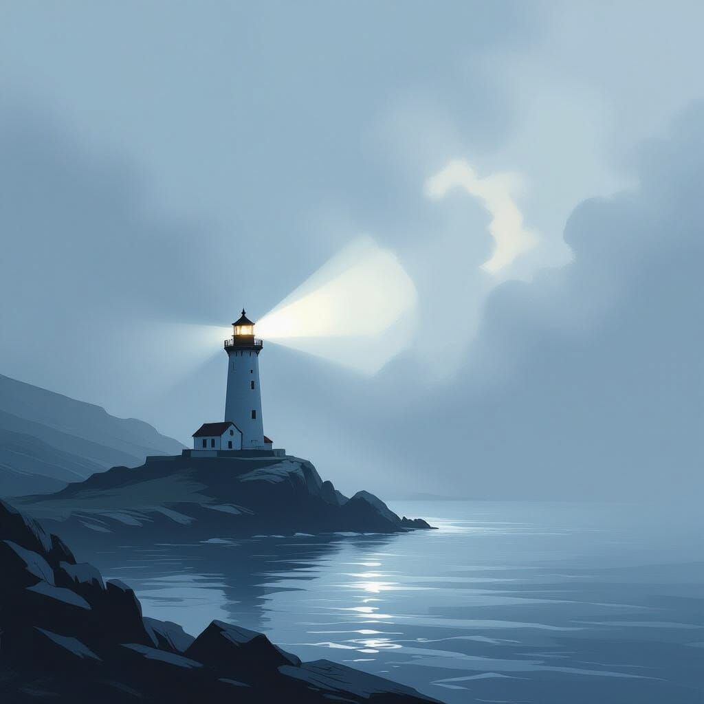 Lighthouse Beam Pierces Swirling Mist on Calm Sea