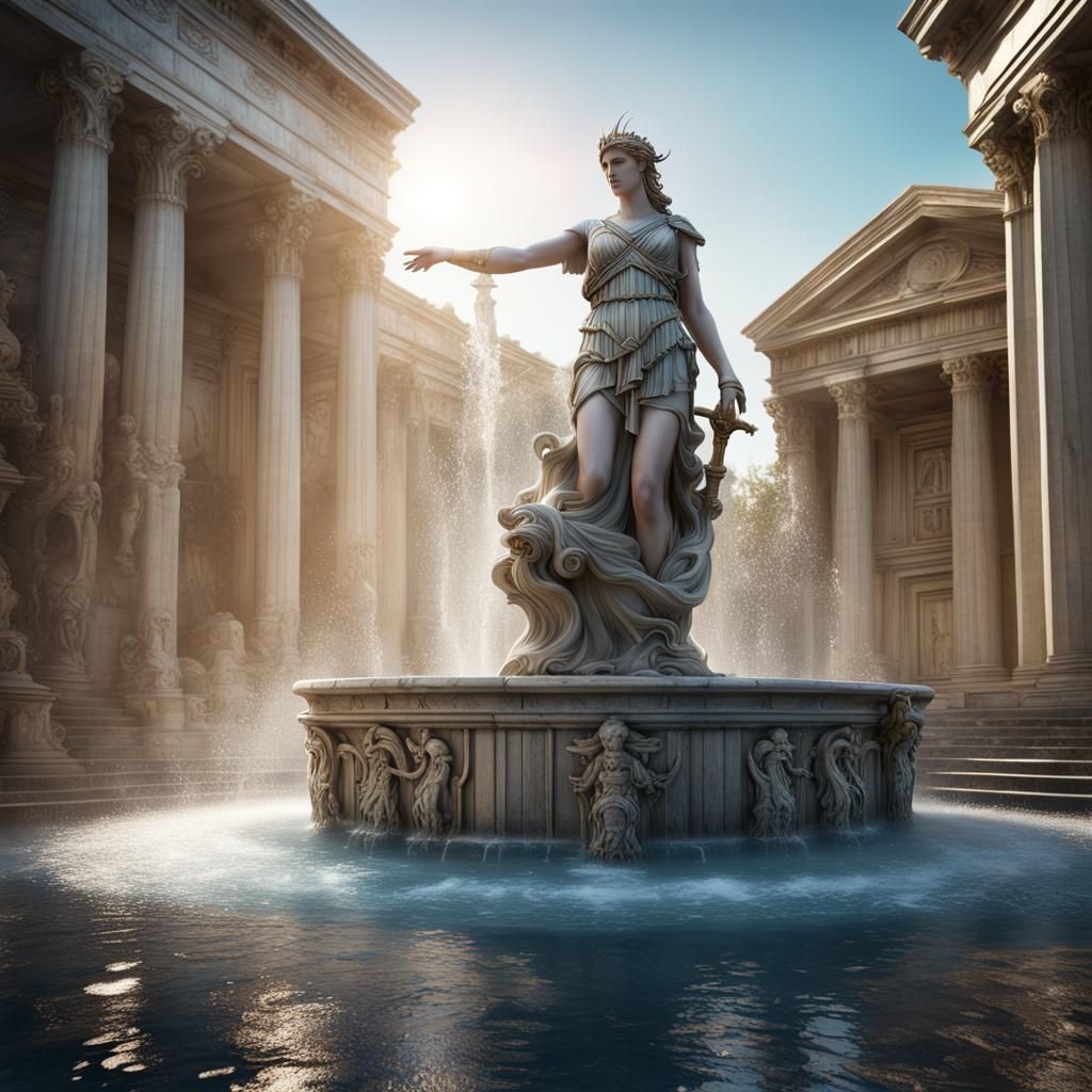 Spectacular Water Fountain with Athena Statue in Matte Paint...