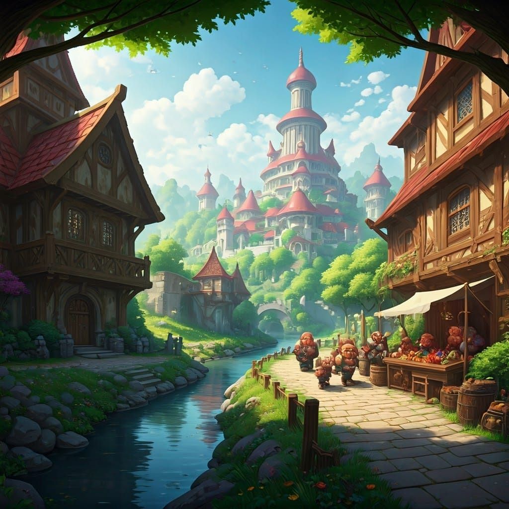 Dwarf City Market Scene in Vibrant Fantasy Landscape