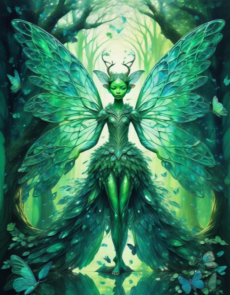 Green Glass Nymph Tree with Symmetrical Wings