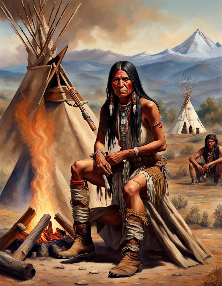 1870's western, "full body", Apache Indian, full war paint, carrying rifle, teepee village and mountains in background, ...