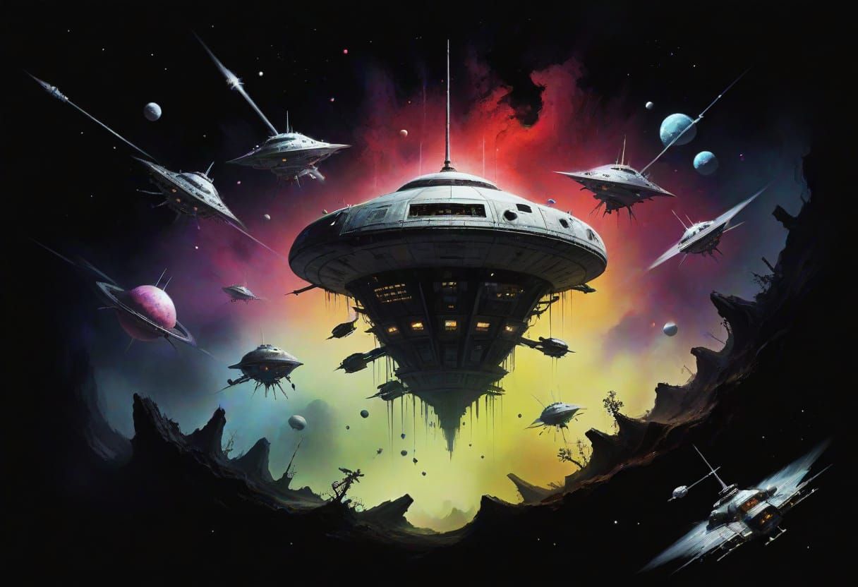 Alien Space Station on Vibrant Planet in Stephen Gammell Sty...