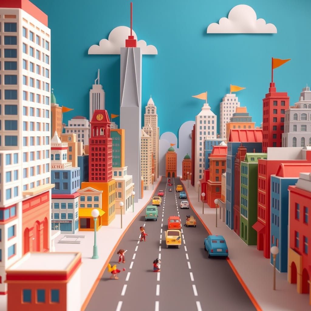Paper Cityscape in Looney Tunes Style