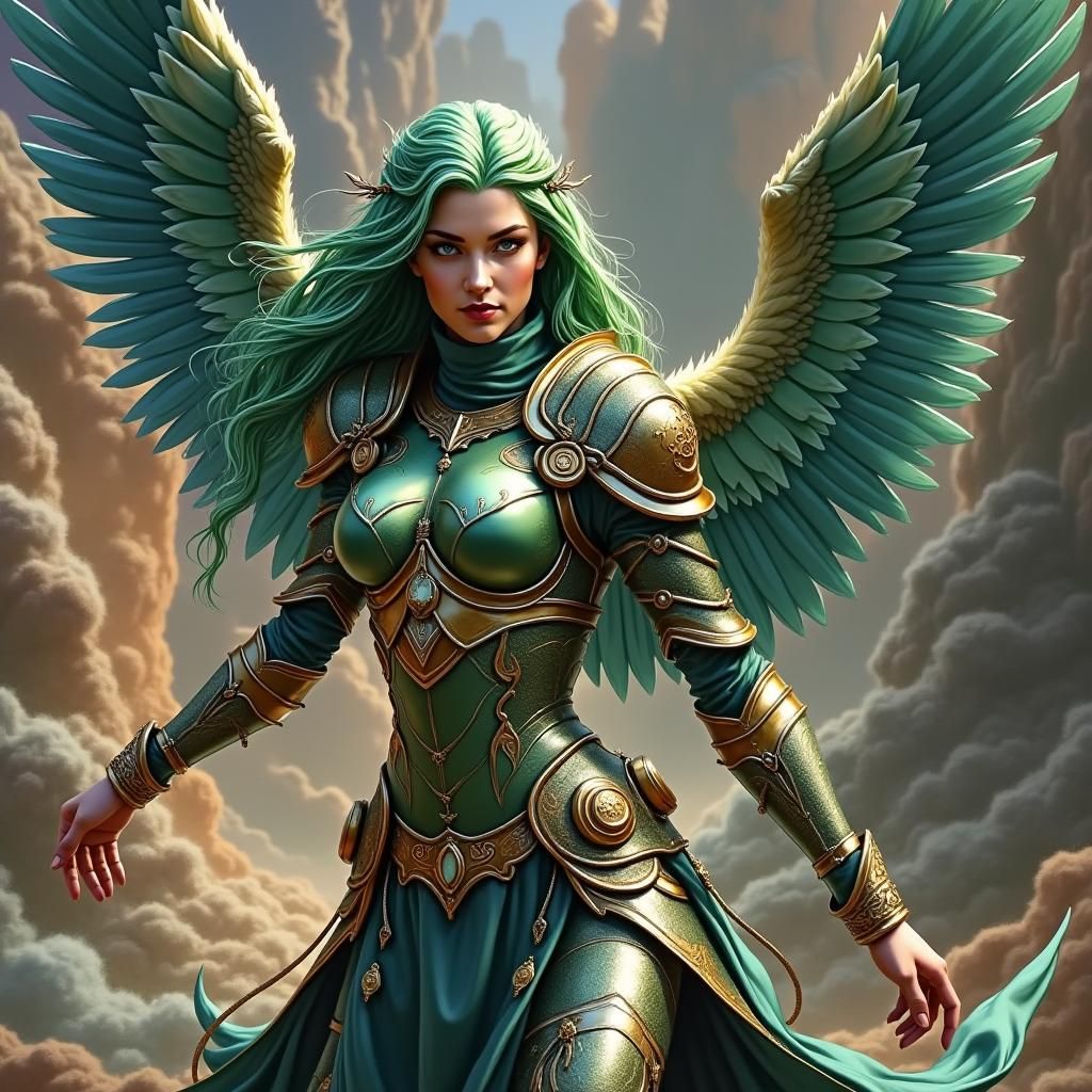 Emerald Haired Warrior Angel in Dramatic Setting