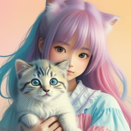 Kawaii Girl Hugs Kitten in Pastel Colors
