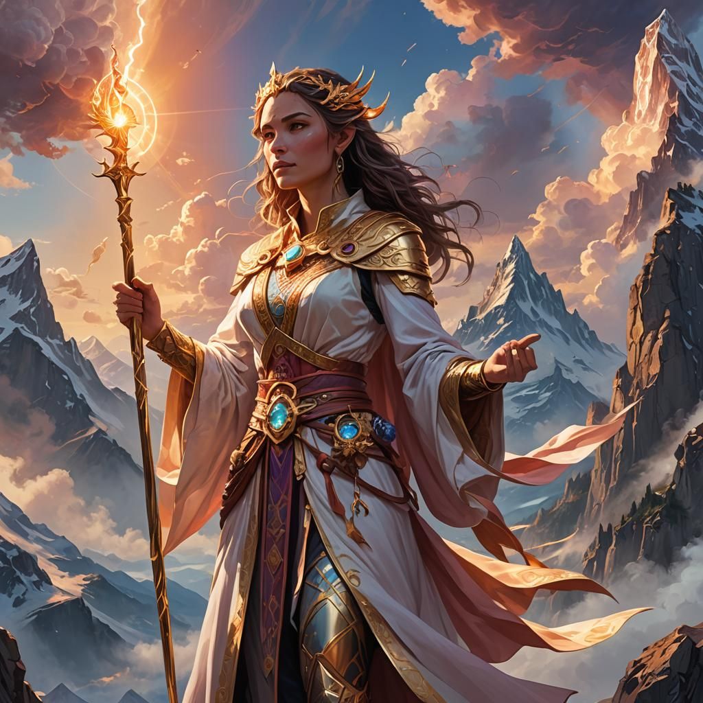 Seraphina Dawnstar: Sunrise at the Mountain Peak