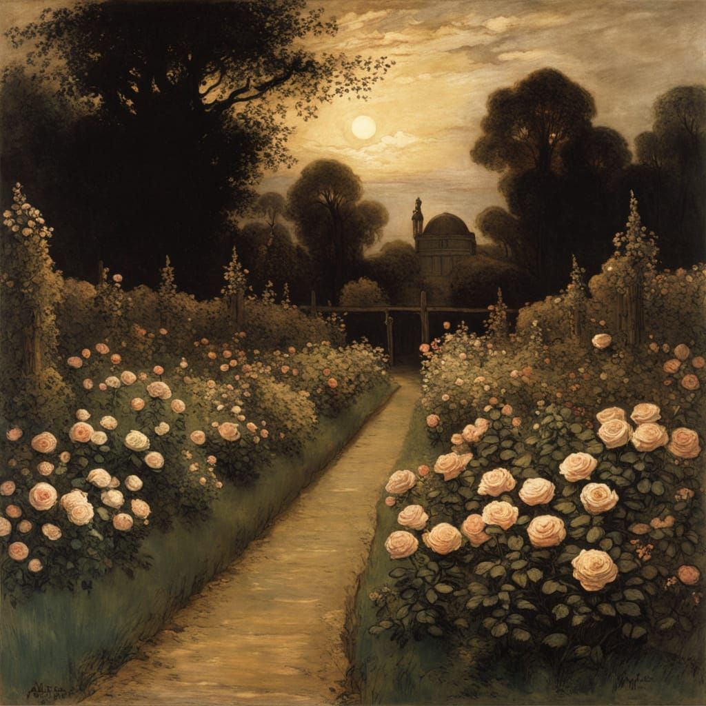 Chiaroscuro Fairytale Scene with Boy and Girl in a Rose Gard...