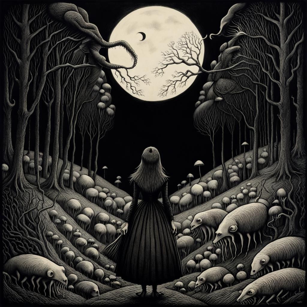 Nightmare Land Woman in Pen and Ink Style