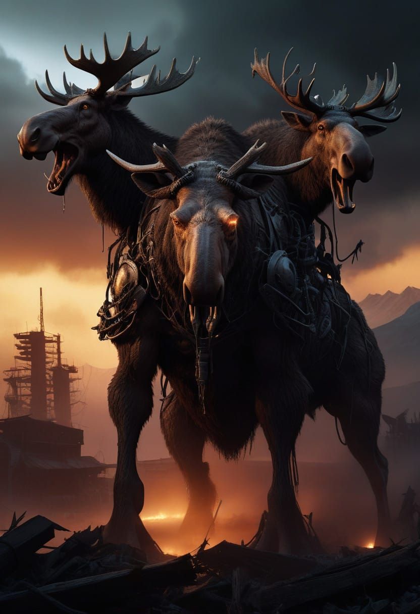 Dominant Warlord Moose Humanoid Stands Amidst Post-Apocalypt...