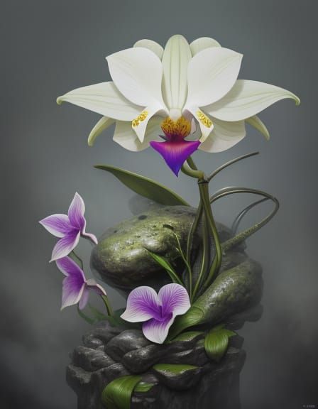 Surreal Orchid Statue with Face in Misty Garden
