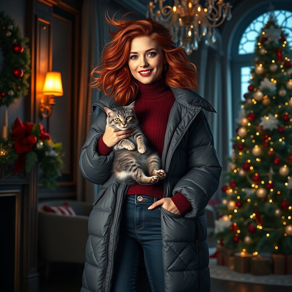 Elegant Woman Cradles a Grey Tabby Cat in a Festive Atmosphe...