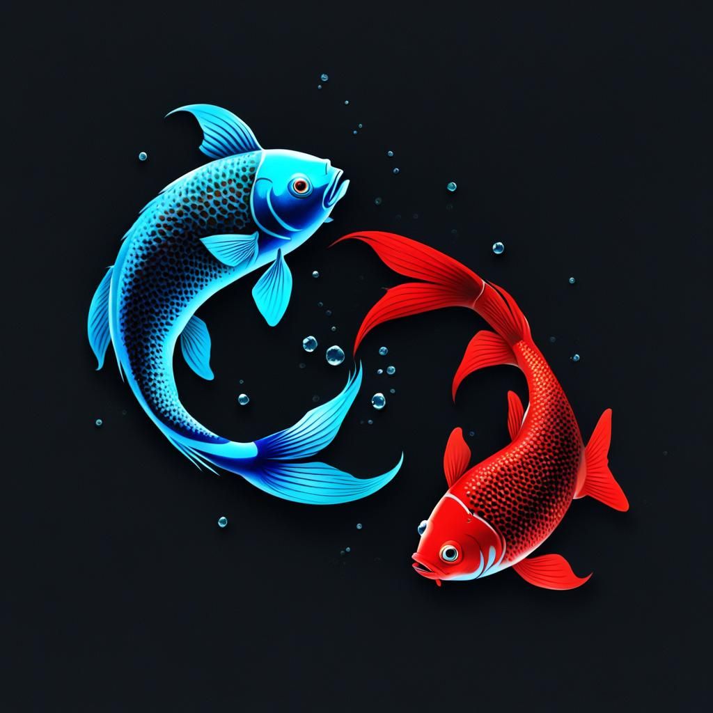 Yin Yang Fish in Blue and Red
