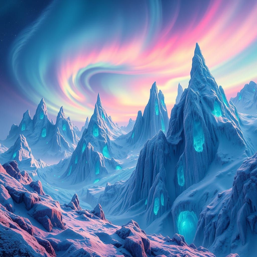 Ethereal Icy Realm with Iridescent Spires and Frosty Mountai...