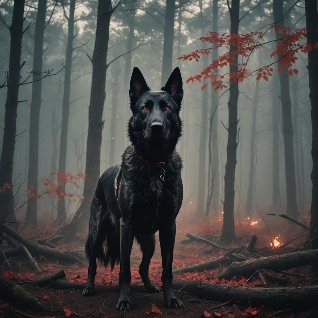Dramatic Black Shepherd in Misty Forest at Dawn