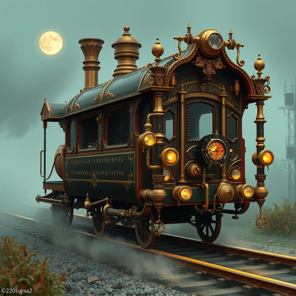 Majestic Steam-Powered Wagon Speeds Through Moonlit Landscap...