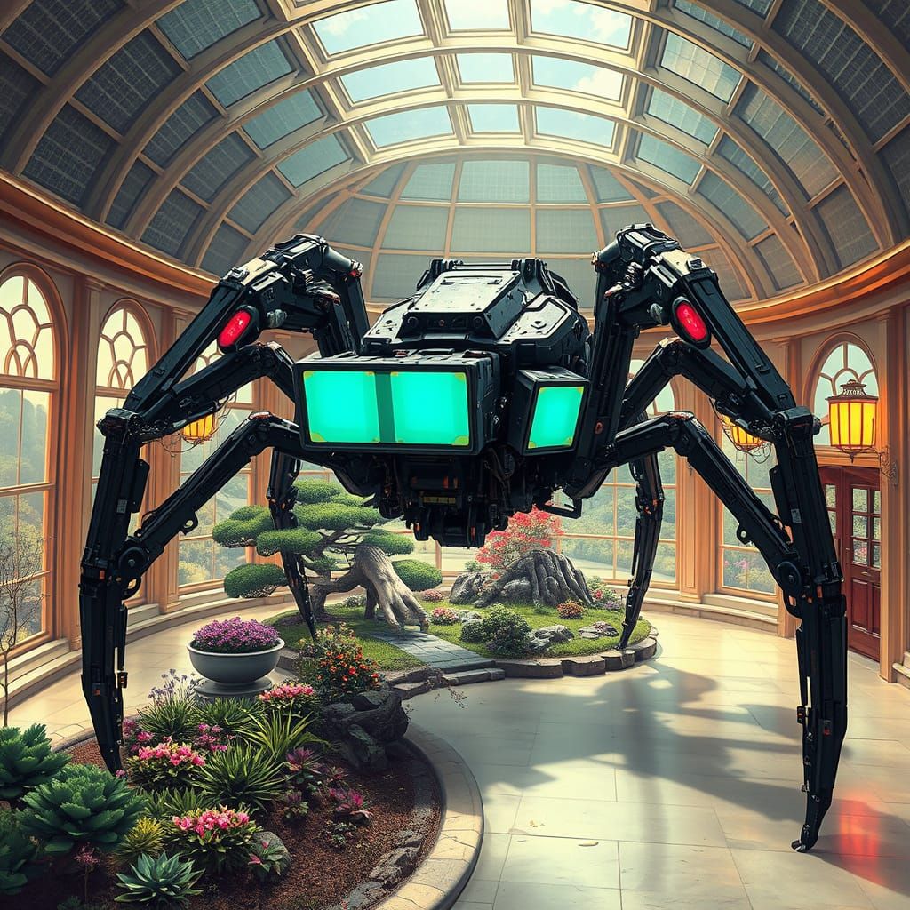 Dieselpunk Japanese Mech in Neo-Classical Hallway with Neon ...