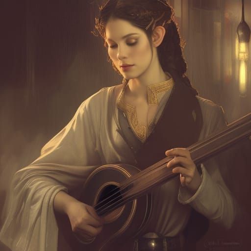 Elven Bard Portrait in Smokey Tavern, Hyperdetailed