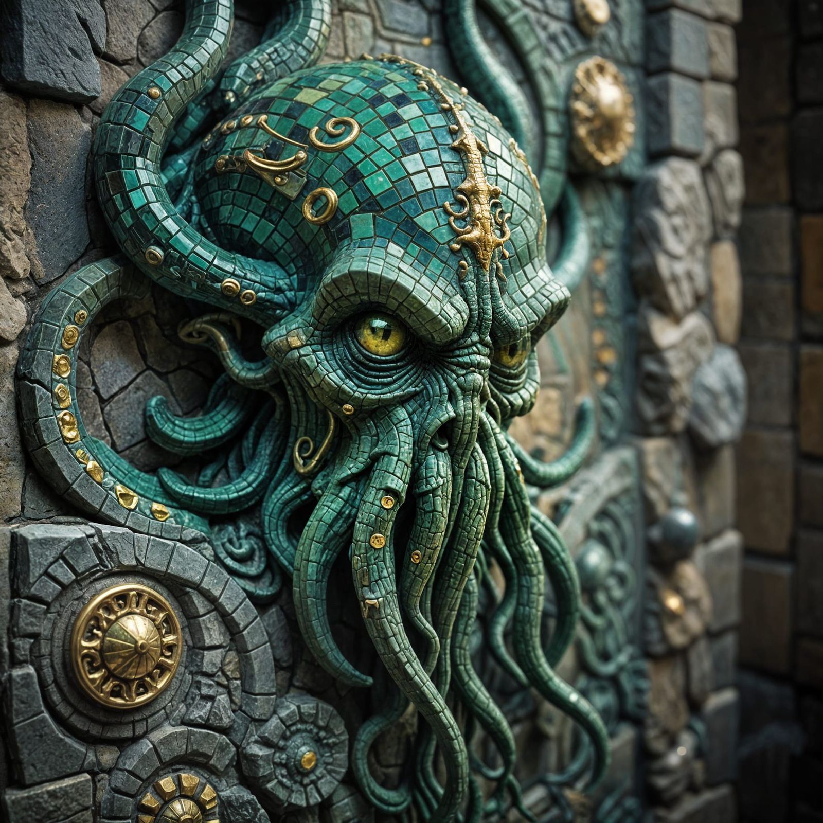 Mysterious Cthulhu Figure in a Stone Wall Mosaic