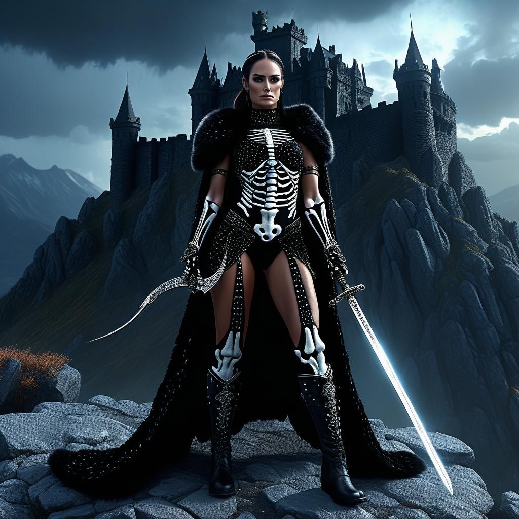 Skeleton Warrior Queen in Dark Fantasy Landscape