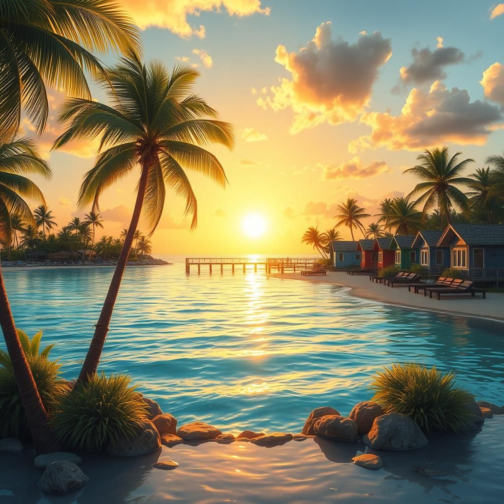 Tropical Island Sunset in Photorealistic Style
