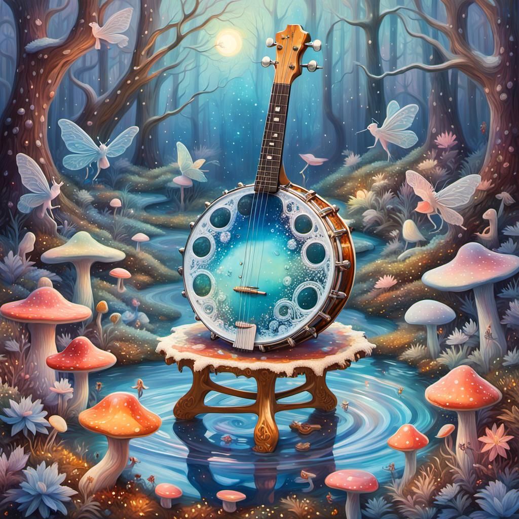 Water Banjo in Enchanted Forest: Surrealist Dreamscape