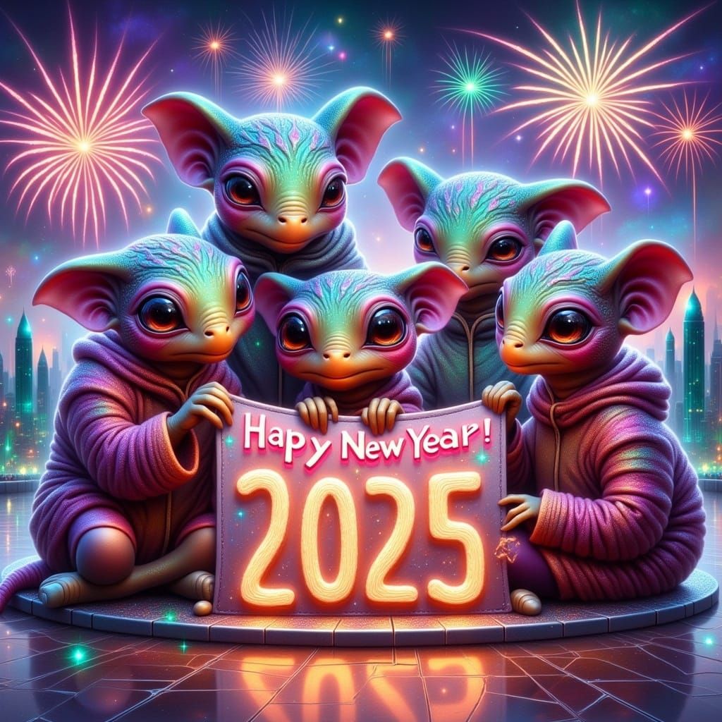 Iridescent Aliens Celebrate New Year in Futuristic Cityscape
