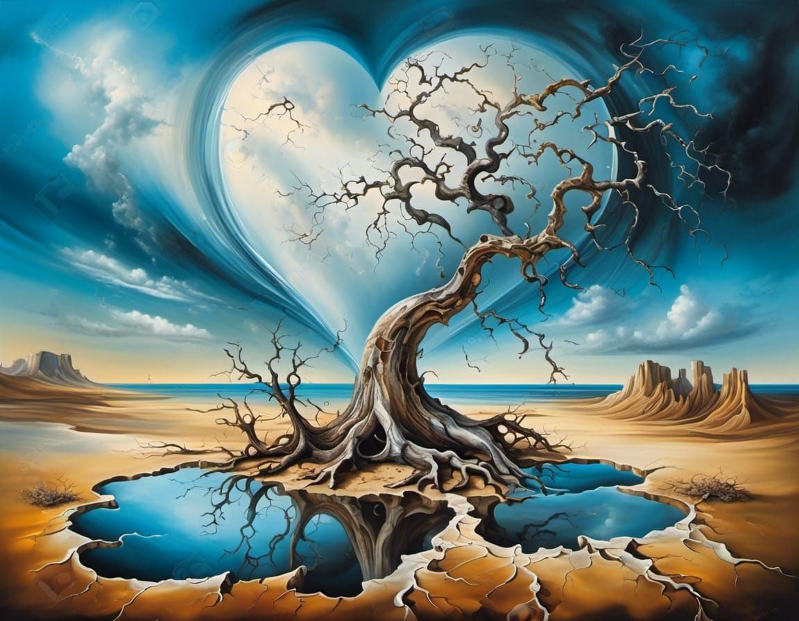 Surreal Desert Landscape with Cracked Heart, Dali Style
