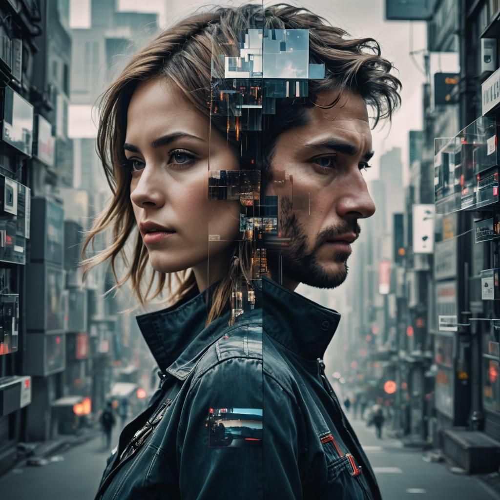 Merged Portrait in Double Glitch-Exposure Style