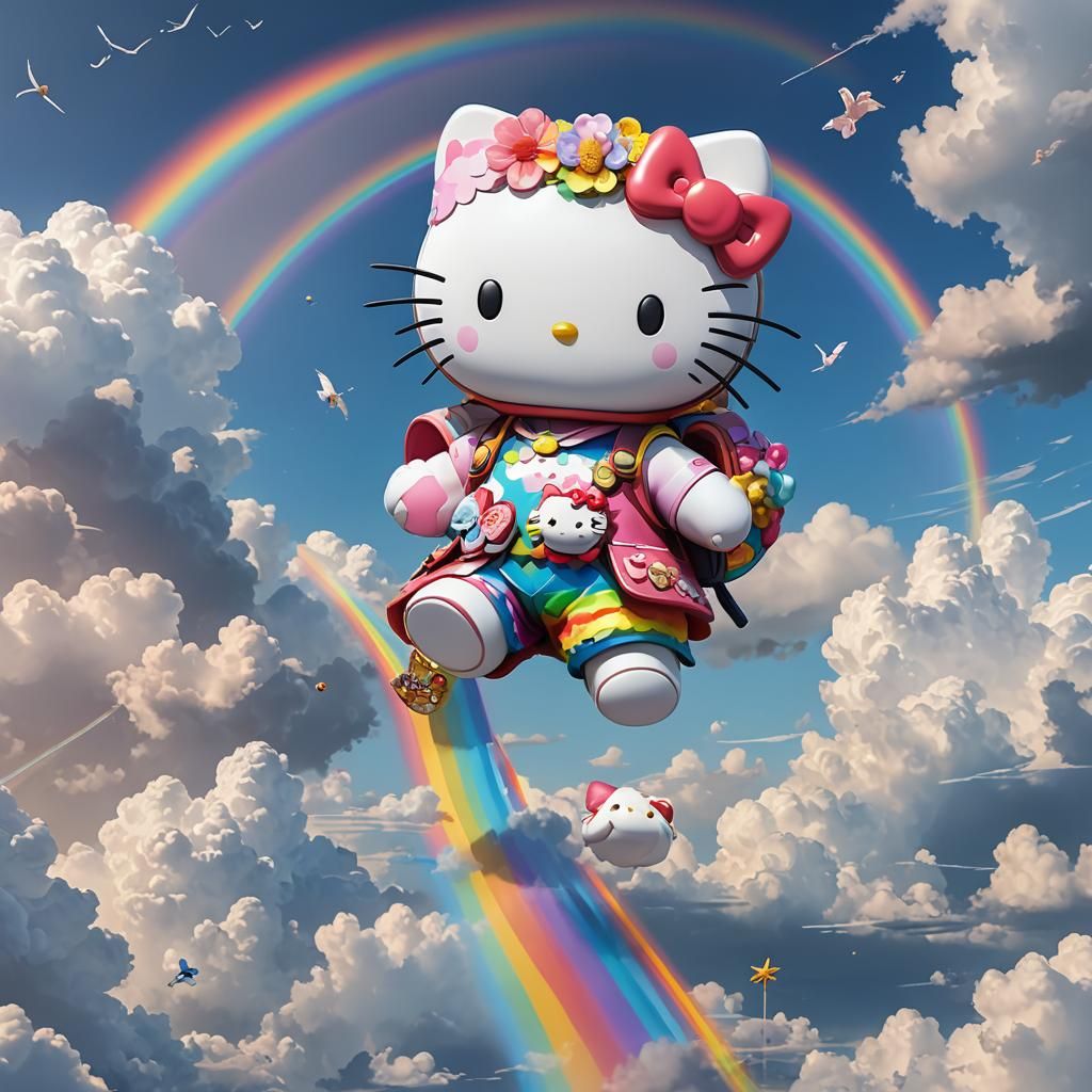 Hello Kitty on Rainbow in Cloudy Sky