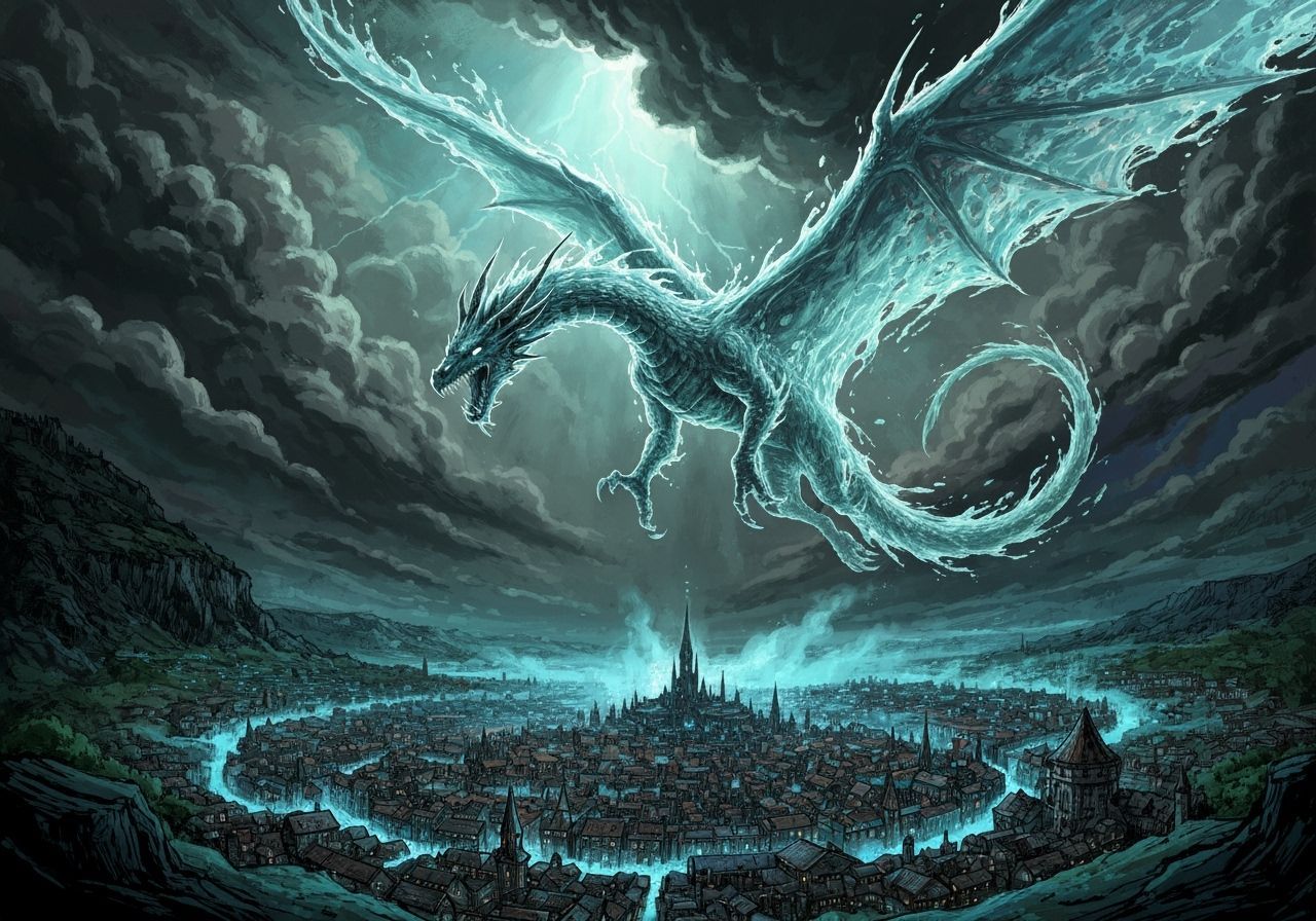 Colossal Water Dragon Over Bioluminescent City