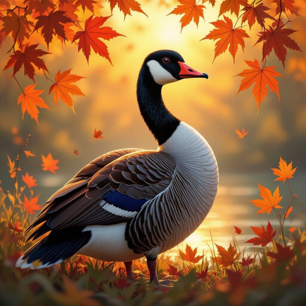 Iridescent Goose in Autumnal Sunlight, Matte Painting Style