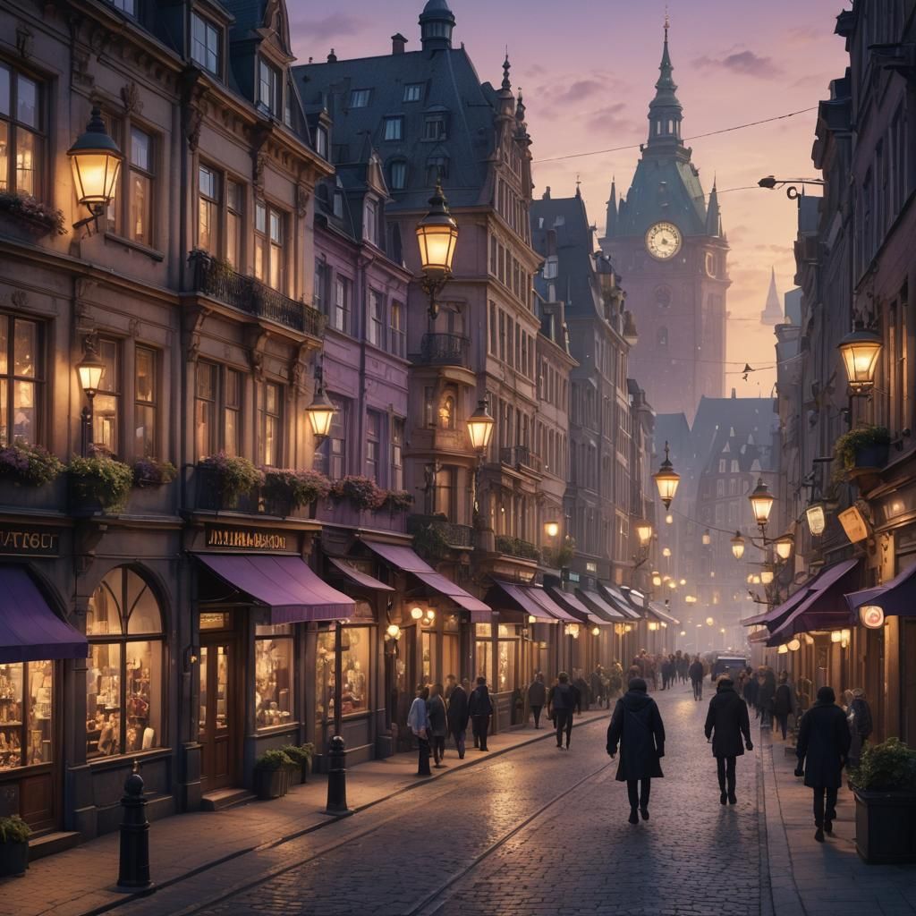 Hamburg Streetscape at Dusk: Watercolour Fantasy Art