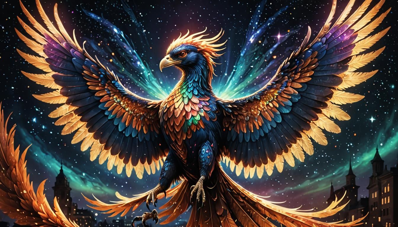 Iridescent Phoenix Soaring in Starry Night Sky
