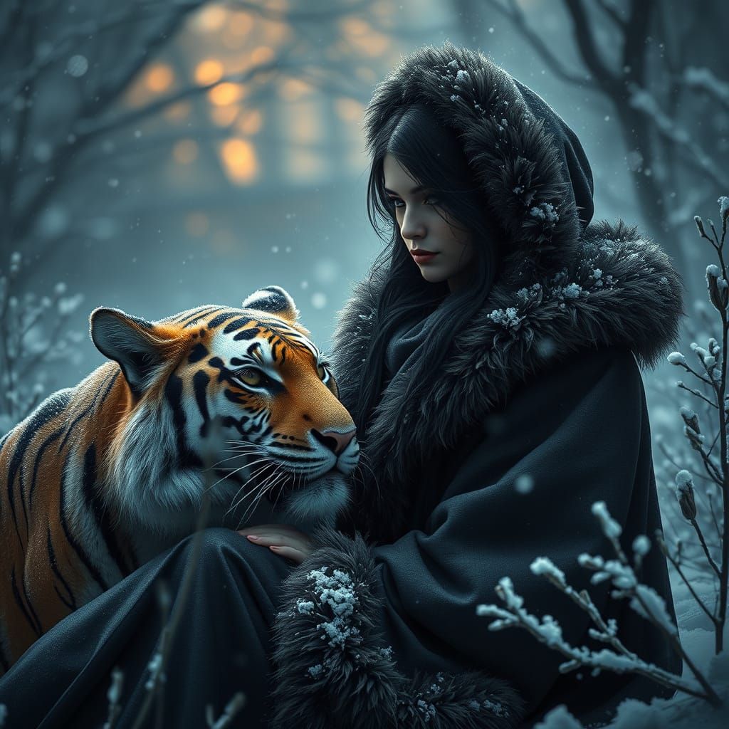 Lady and Tiger in a Snowy Garden Scene