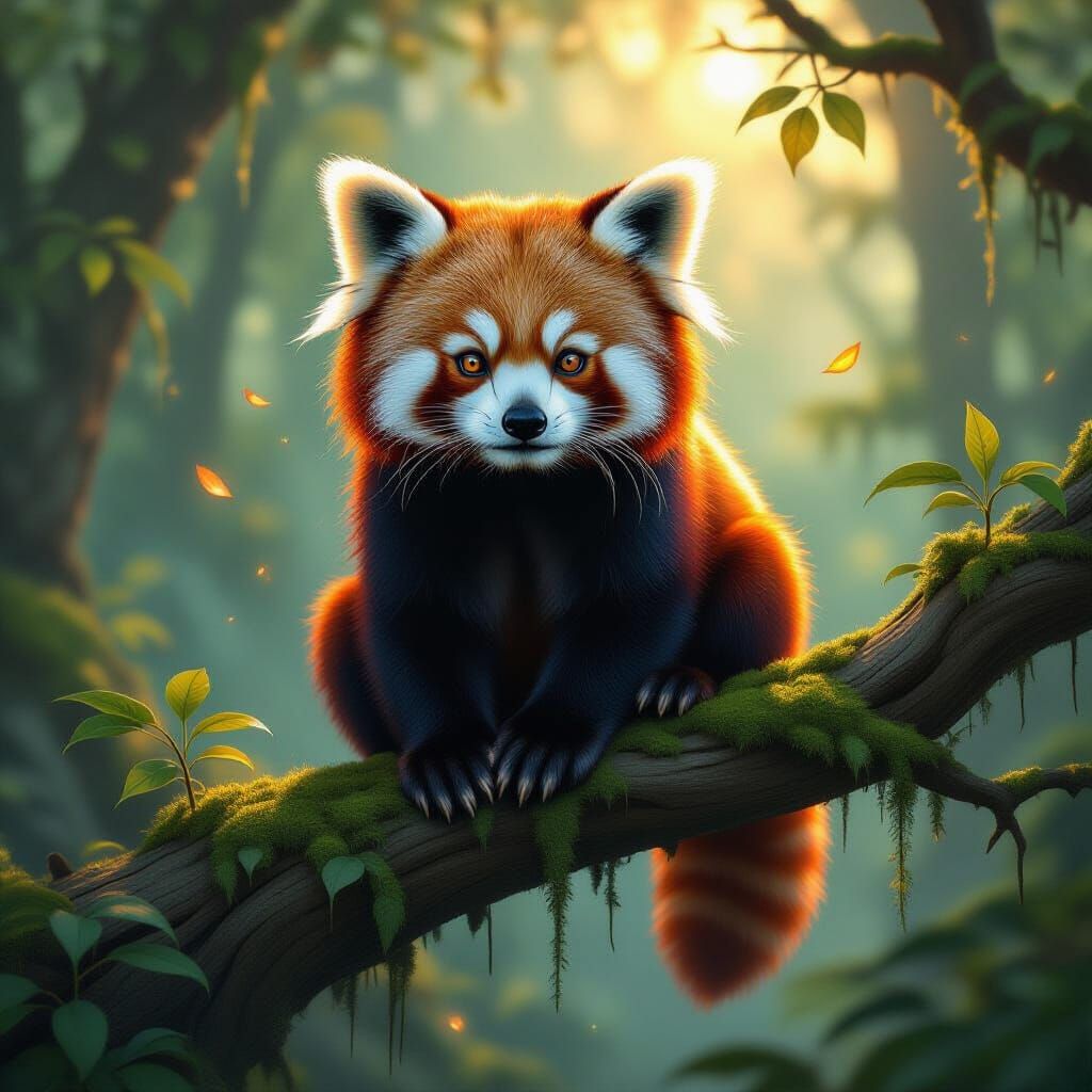 Red Panda with Ancient Runes in Enchanted Forest