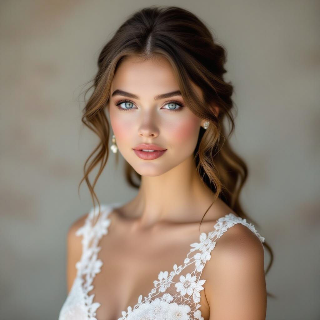 A young woman with striking blue eyes and wavy brown hair. S...