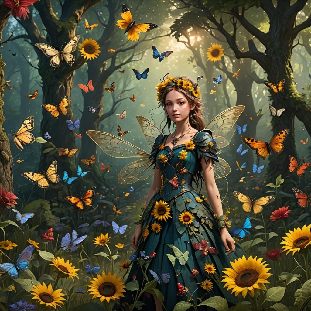 Fairy in Forest with Dragonflies and Sunflowers
