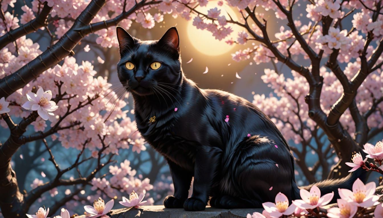 (Kirigami:2.0) depiction of a beautiful black cat, cherry blossoms in background, everything is made of cut and folded p...