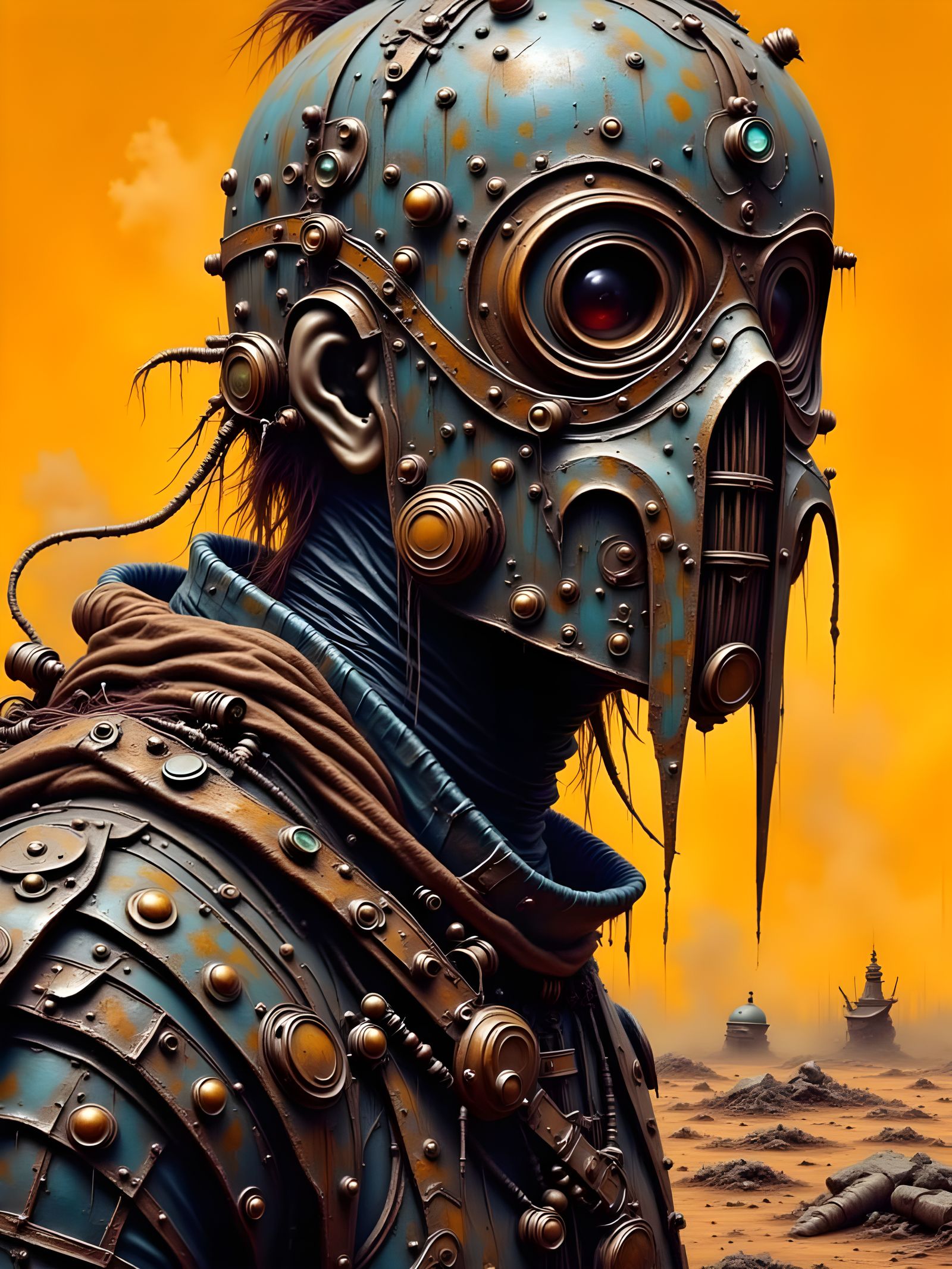Steampunk Warrior in a Dystopian Mad Max Landscape