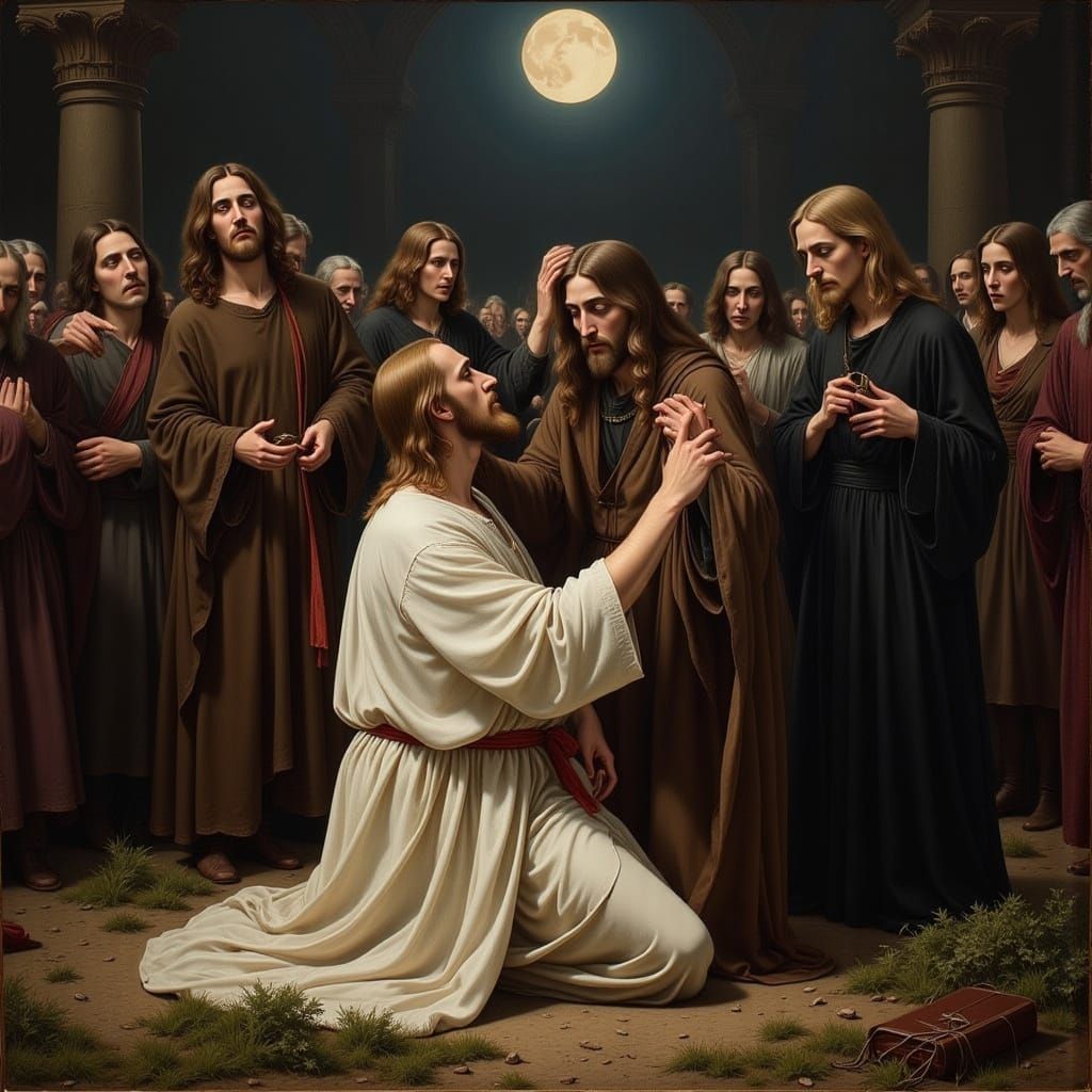 An oil painting in the style of the old masters depicting a scene in the garden of Gethsemane at about 33 A.D. where a b...