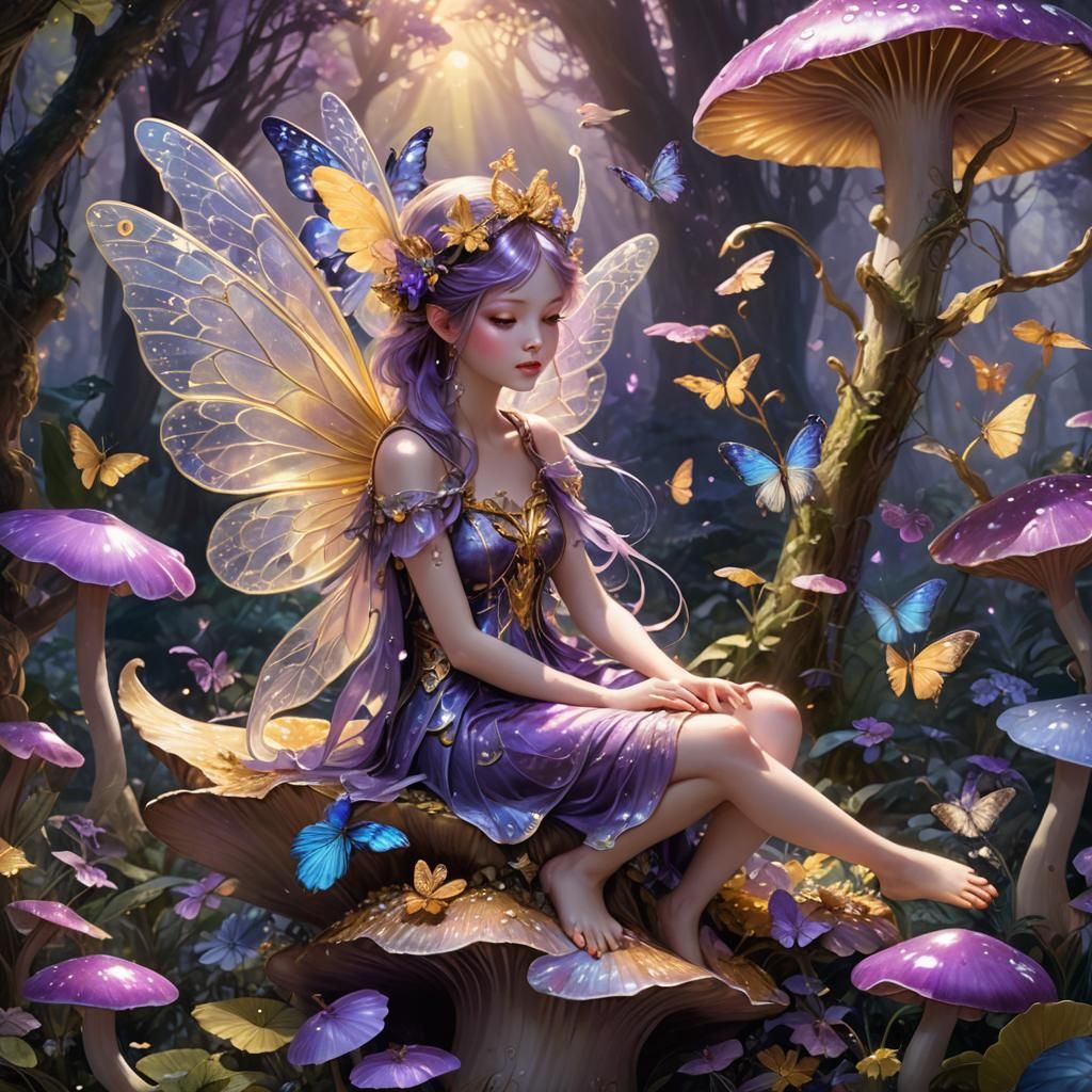 Fairy on Purple Mushroom in Enchanted Forest